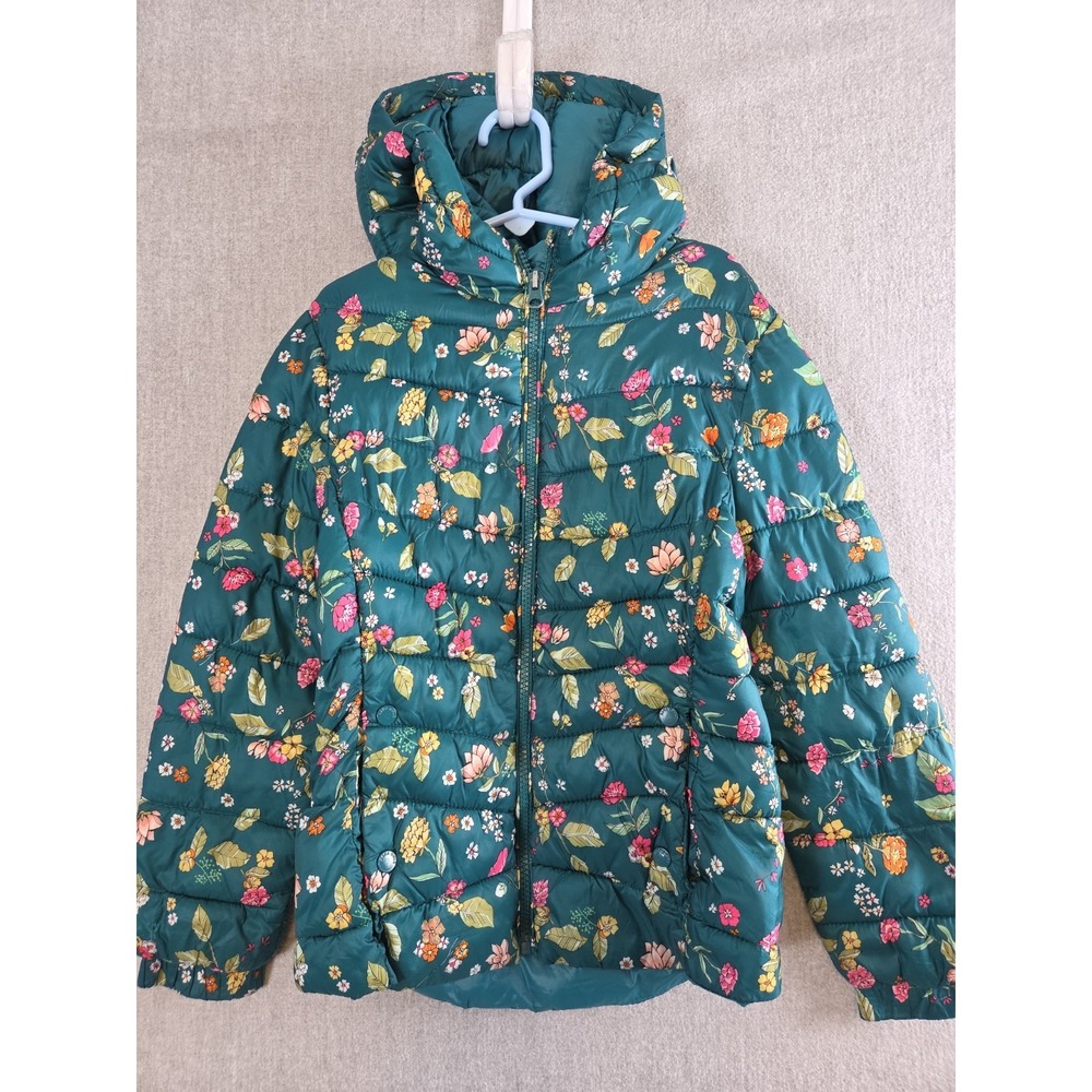 Zara Girls Size 9 Green Multicolor Floral Print Puffer Coat Jacket Full Zip Hood